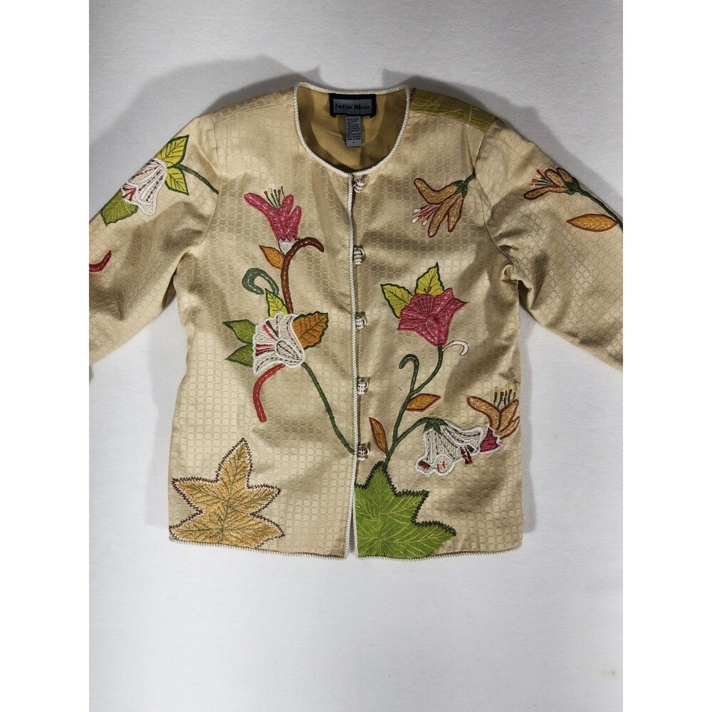 INDIGO MOON Art to Wear Jacket Blazer Sz L Floral Embroirdered Artsy Colorful